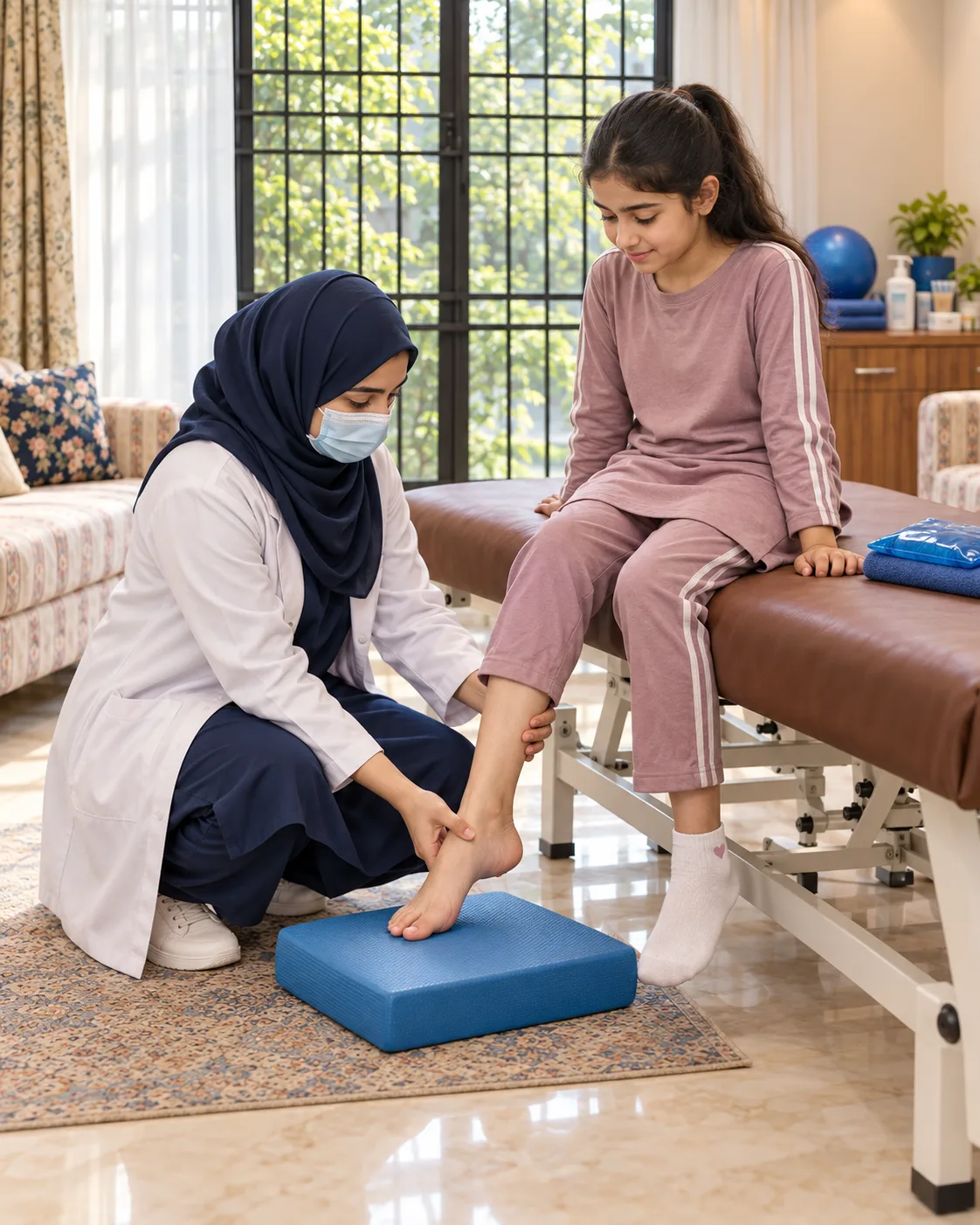 A child with a female physiotherapist during a play-based session, illustrating support for sever’s disease.