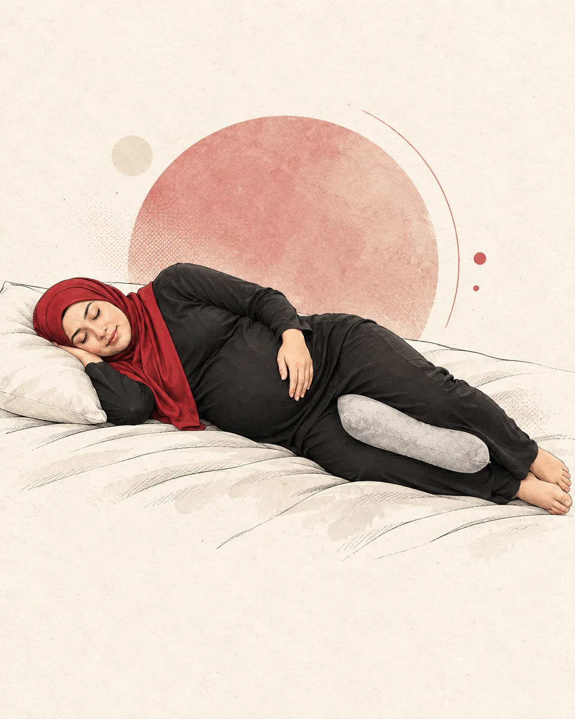Illustration, not a real patient. A pregnant woman in a red hijab lies on her side in bed with a pillow between her knees.