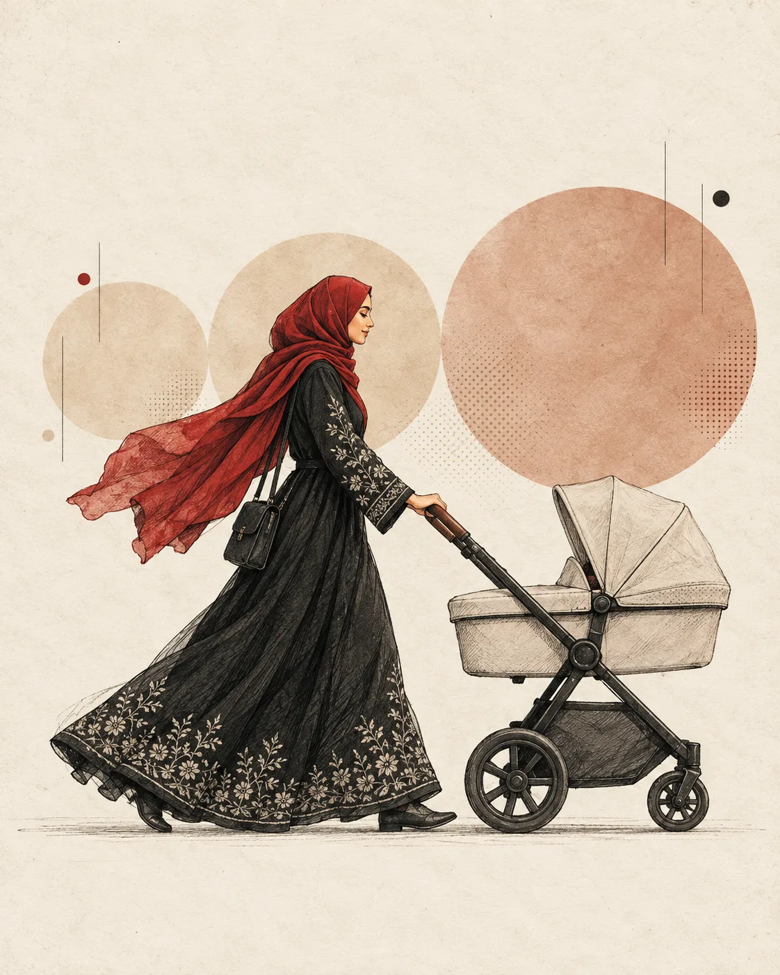 Illustration, not a real patient. A woman in a red hijab walks forward pushing a pram, with three soft circles of growing size behind her.