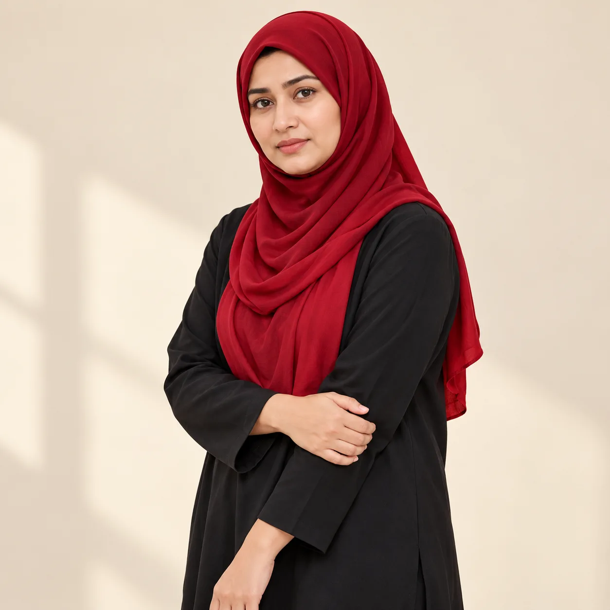 اے آئی سے بنی پاکستانی خاتون، سرخ حجاب اور ڈھیلے کالے لباس میں، اپنی دکھتی ہوئی دائیں کہنی تھامے ہوئے ہیں۔