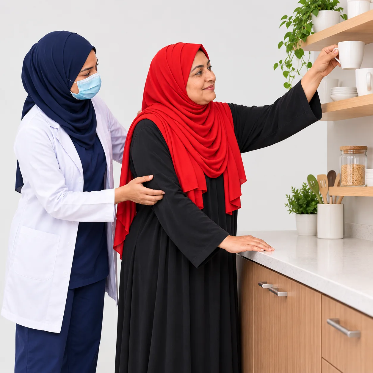 A patient in a red hijab moves a cup between kitchen shelves while a female physiotherapist supports her elbow