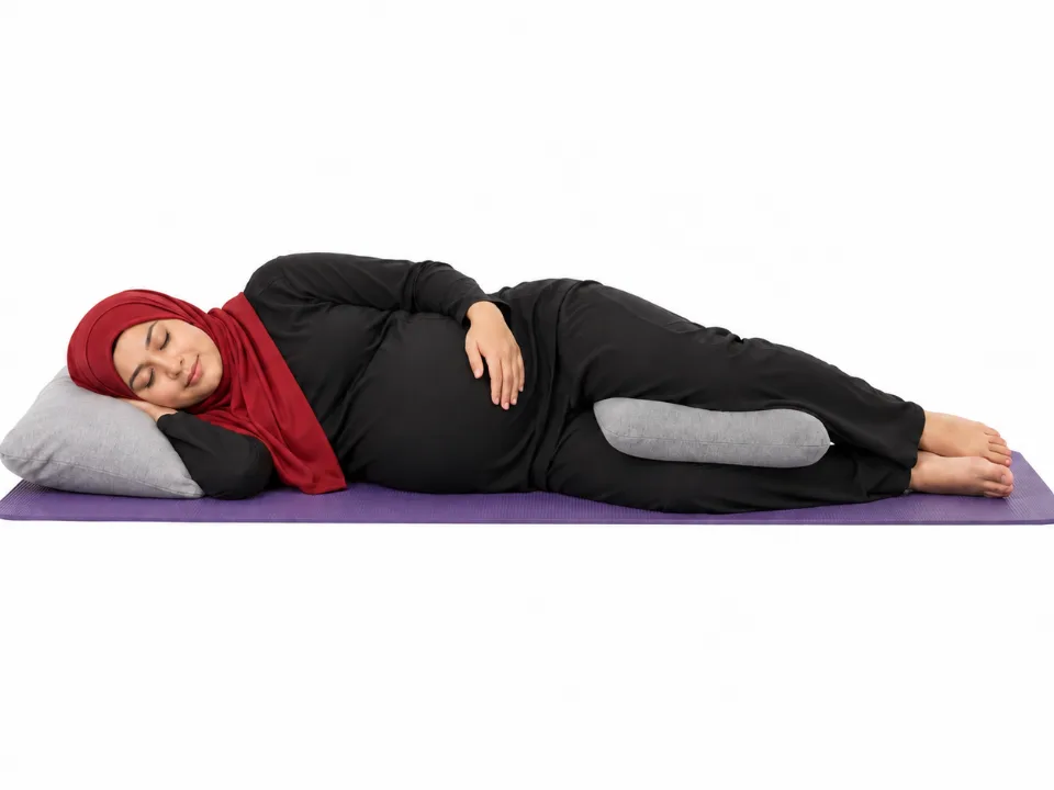 Illustrative image, not a real patient. A pregnant woman in a red hijab lies on her side on a mat with a pillow under her head and a cushion between her knees, one hand on her abdomen.
