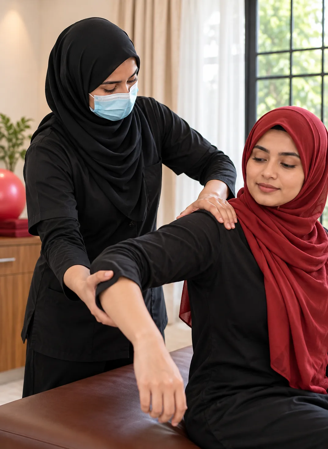 Illustrative image, not a real patient. A female physiotherapist holds a seated patient's shoulder and elbow to gently move the shoulder joint.