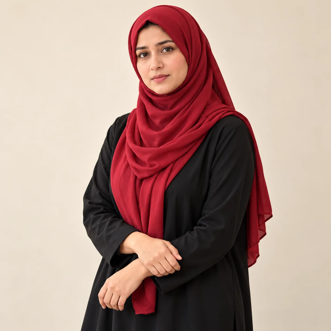 AI-generated Pakistani woman in a red hijab and loose black clothes, holding her right wrist.