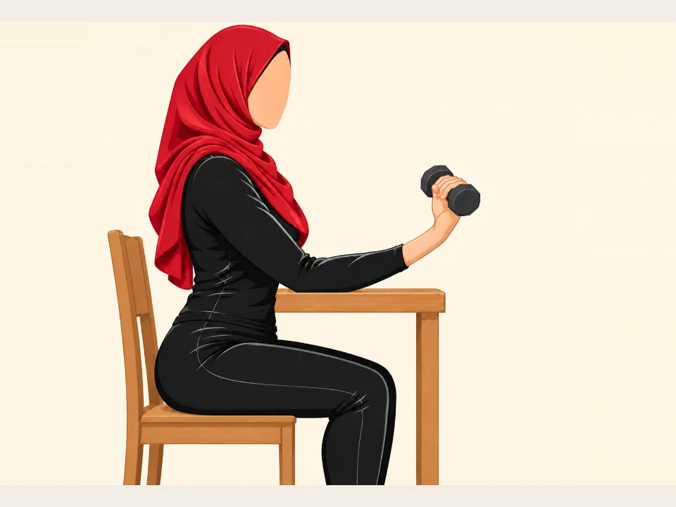 Woman in a red hijab with her forearm on a table, palm up, curling a light weight at the wrist.