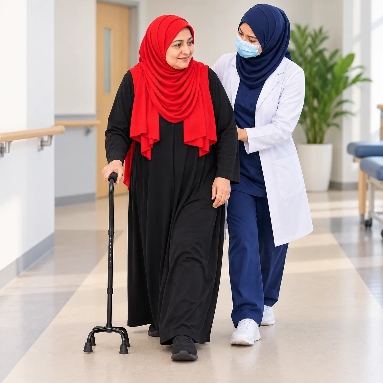 A patient in a red hijab walks with a quad stick while a female physiotherapist guards her weaker side