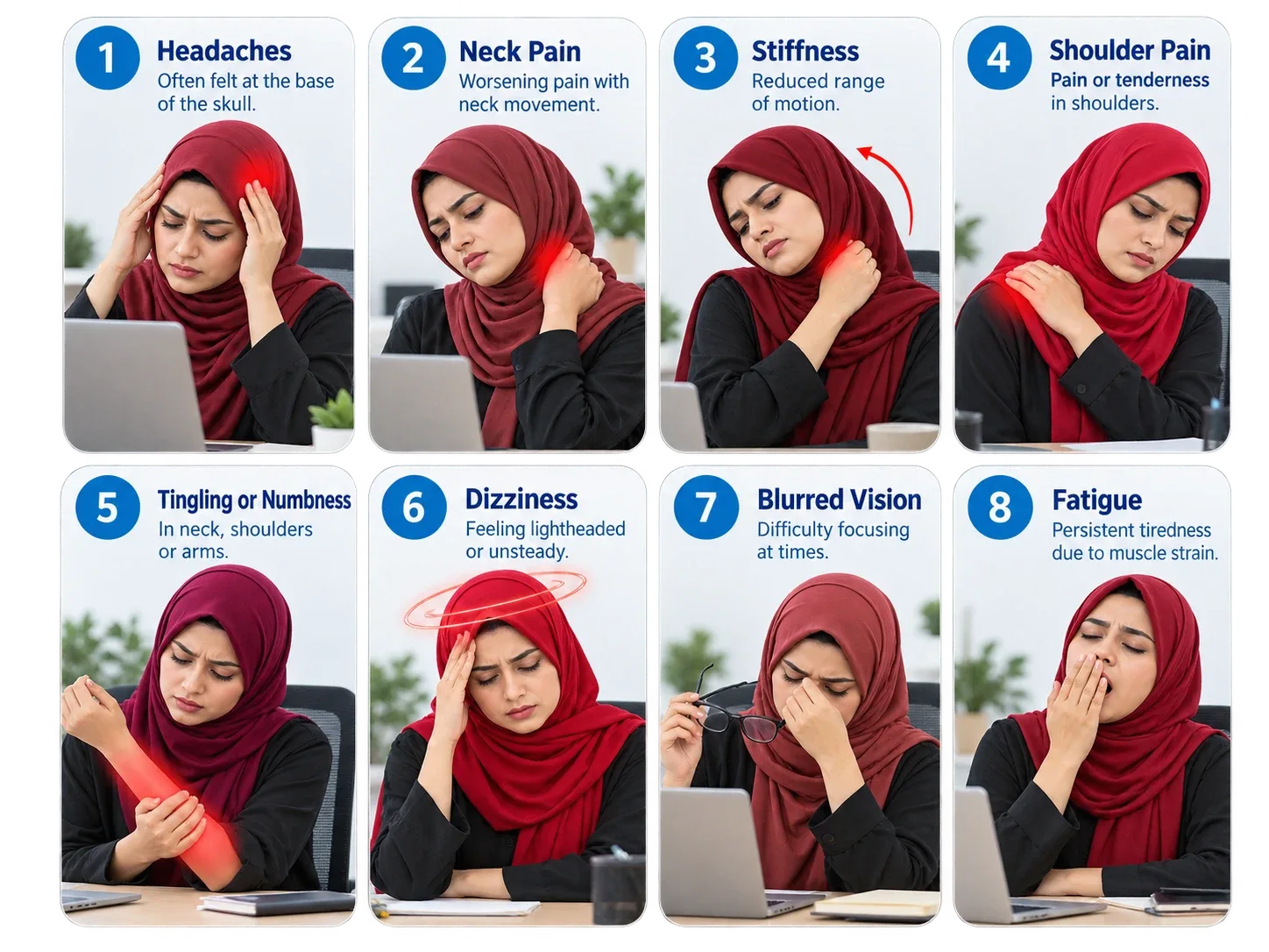 Illustrated guide to eight common neck-related symptoms: headaches, neck pain, stiffness, shoulder pain, tingling or numbness, dizziness, blurred vision and fatigue