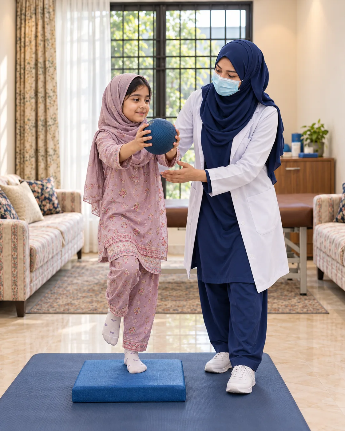 A child with a female physiotherapist during a play-based session, illustrating support for rehabilitation following brain tumour treatment.