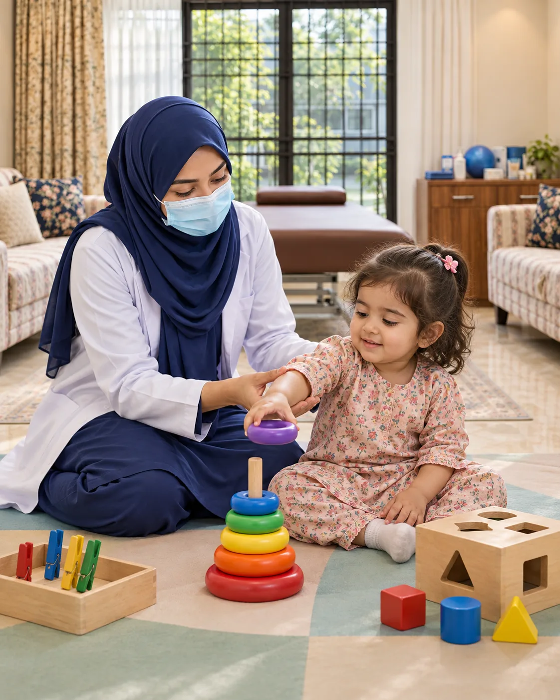 A child with a female physiotherapist during a play-based session, illustrating support for erb’s palsy.