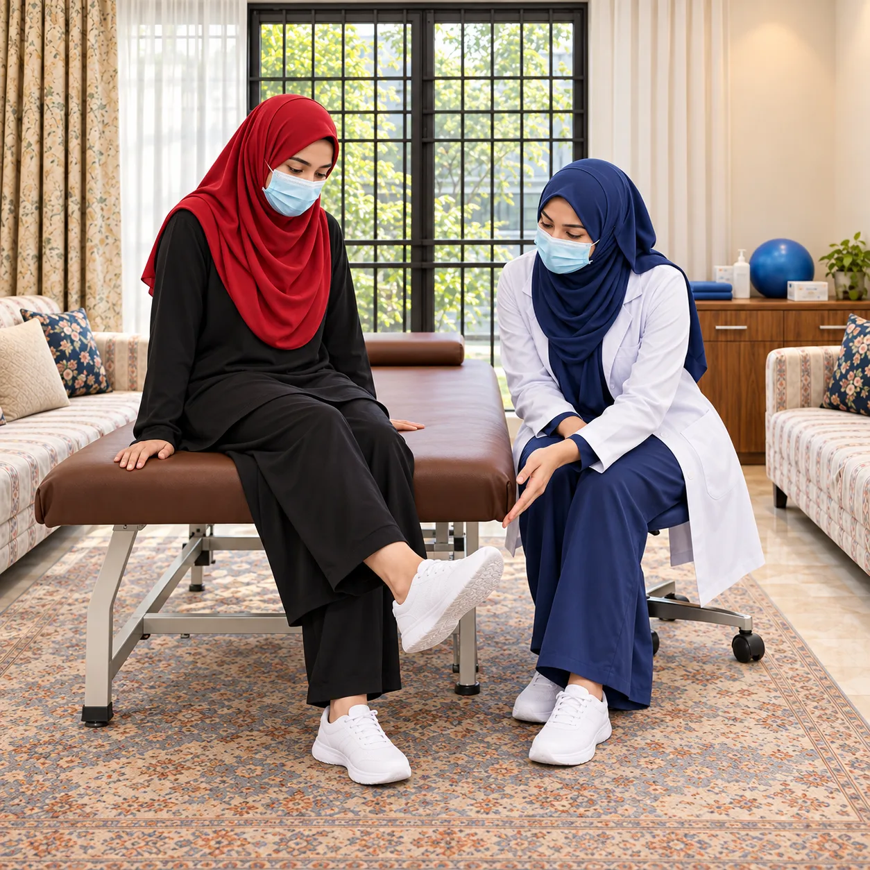 Illustrative seated foot and ankle exercise with a woman in black clothing and a red hijab alongside a masked female physiotherapist.