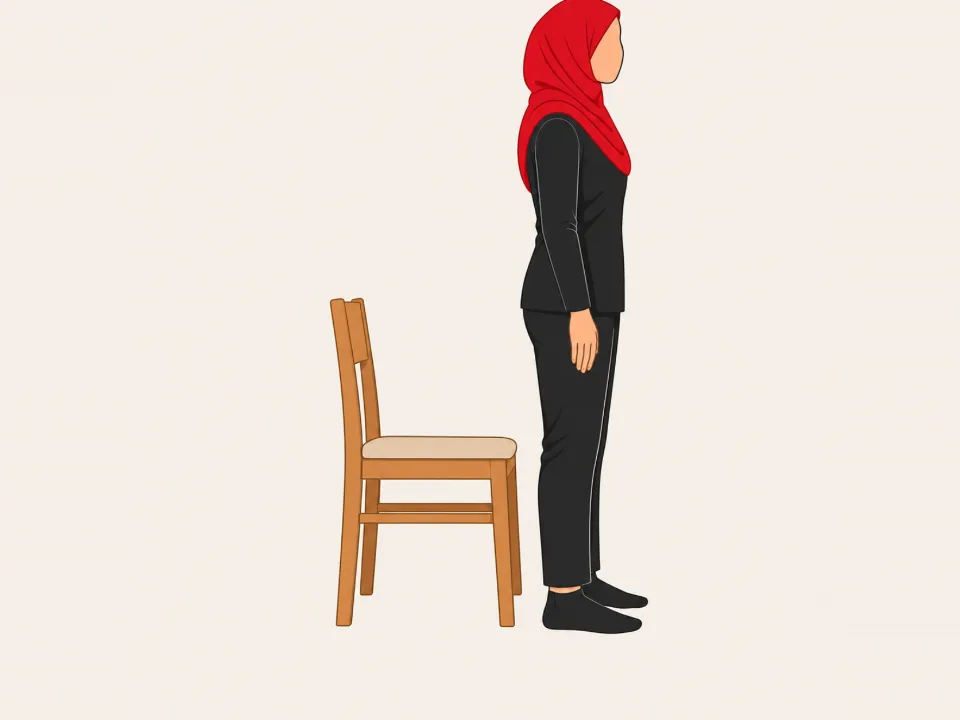 سرخ حجاب میں خاتون پاؤں پر آگے جھک کر کرسی سے کھڑی ہو رہی ہیں۔