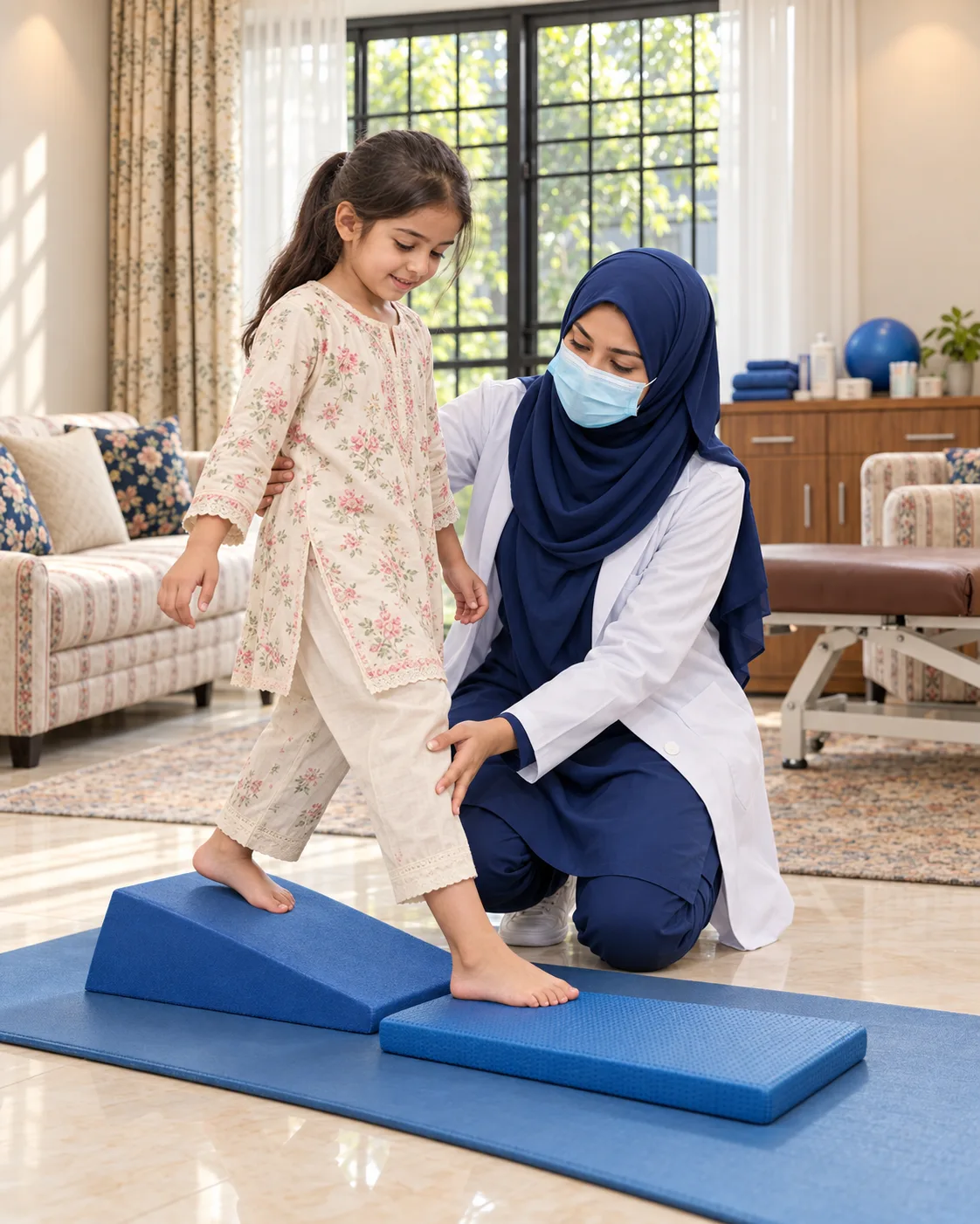 A child with a female physiotherapist during a play-based session, illustrating support for toe walking.