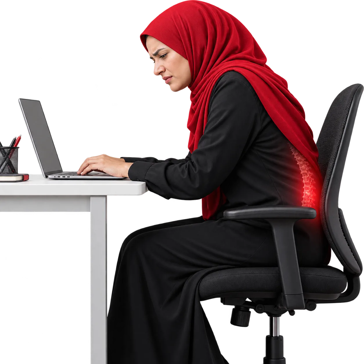 A woman in a red hijab slouched forward at a desk and laptop, with her lower spine glowing red where it is being overloaded