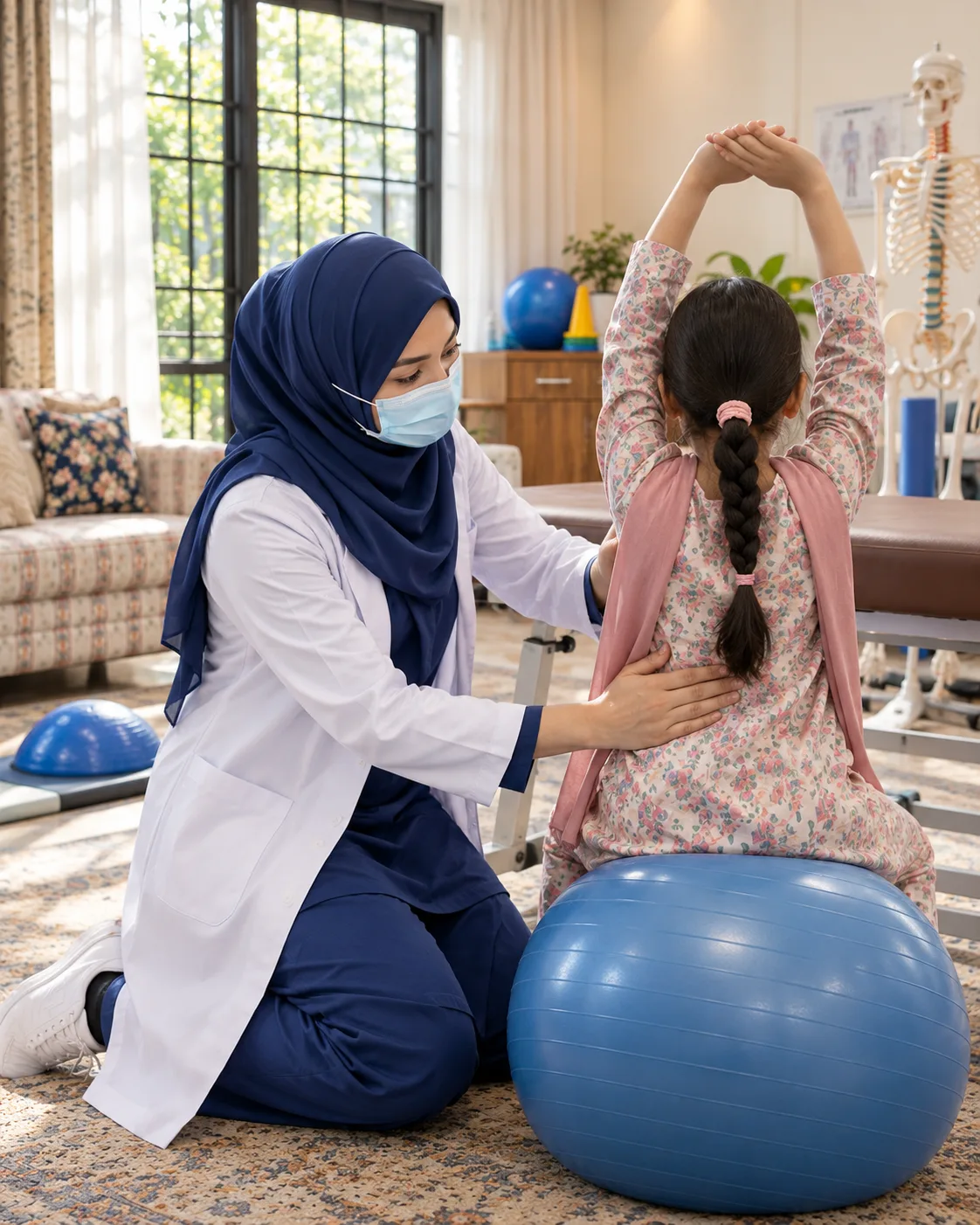 A child with a female physiotherapist during a play-based session, illustrating support for scoliosis.