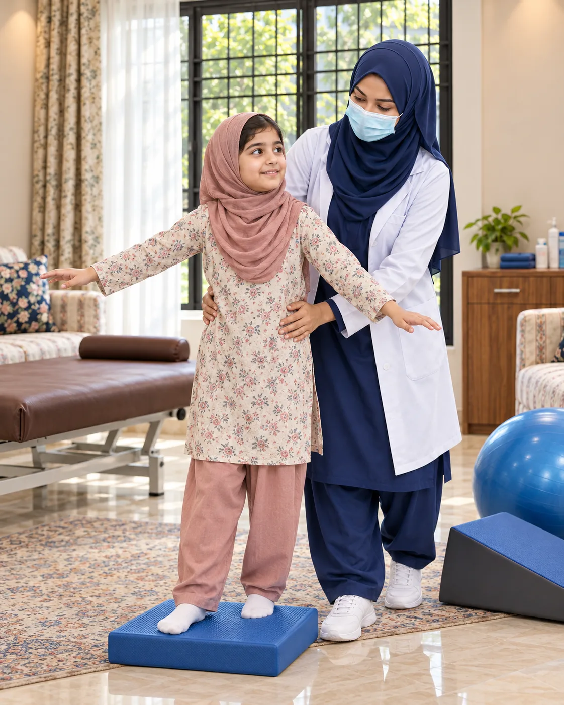 A child with a female physiotherapist during a play-based session, illustrating support for cerebral palsy.