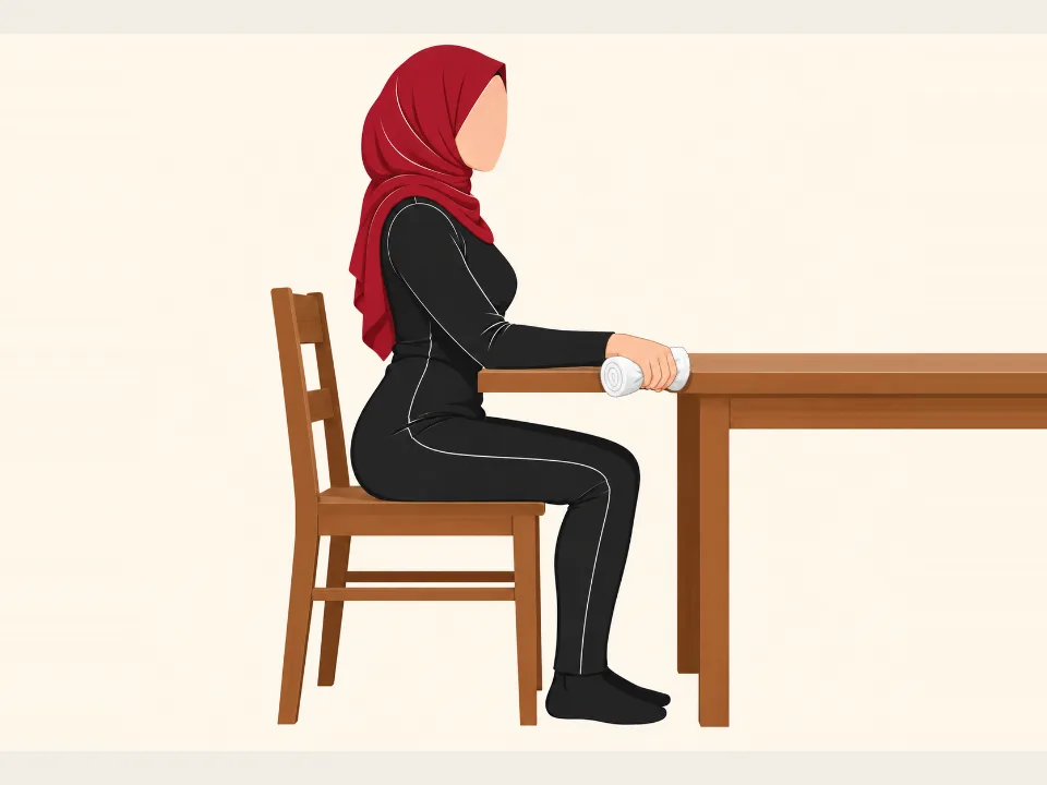 Woman in a red hijab squeezing a rolled towel in one hand.