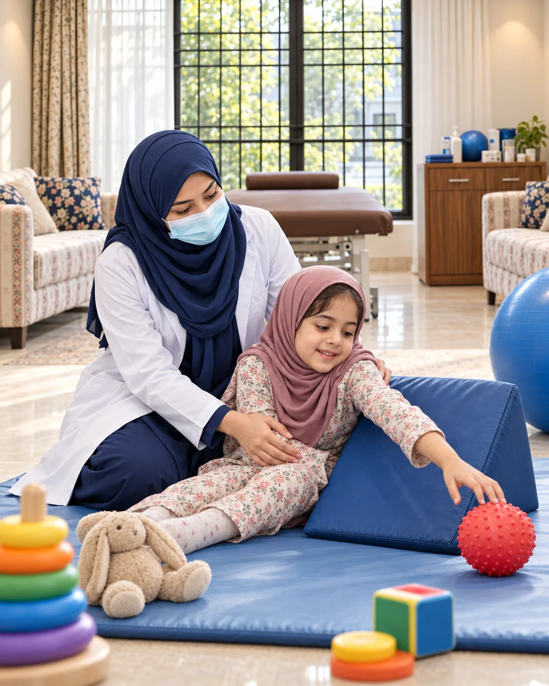 A child with a female physiotherapist during a play-based session, illustrating support for spinal muscular atrophy.