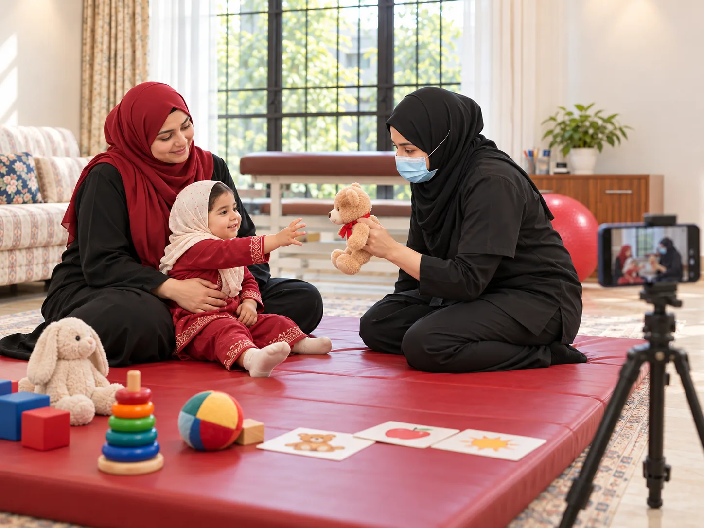 Illustrative image, not a real patient. A mother holds her toddler on a mat while a female physiotherapist kneels in front of them, watching the child reach for a toy.