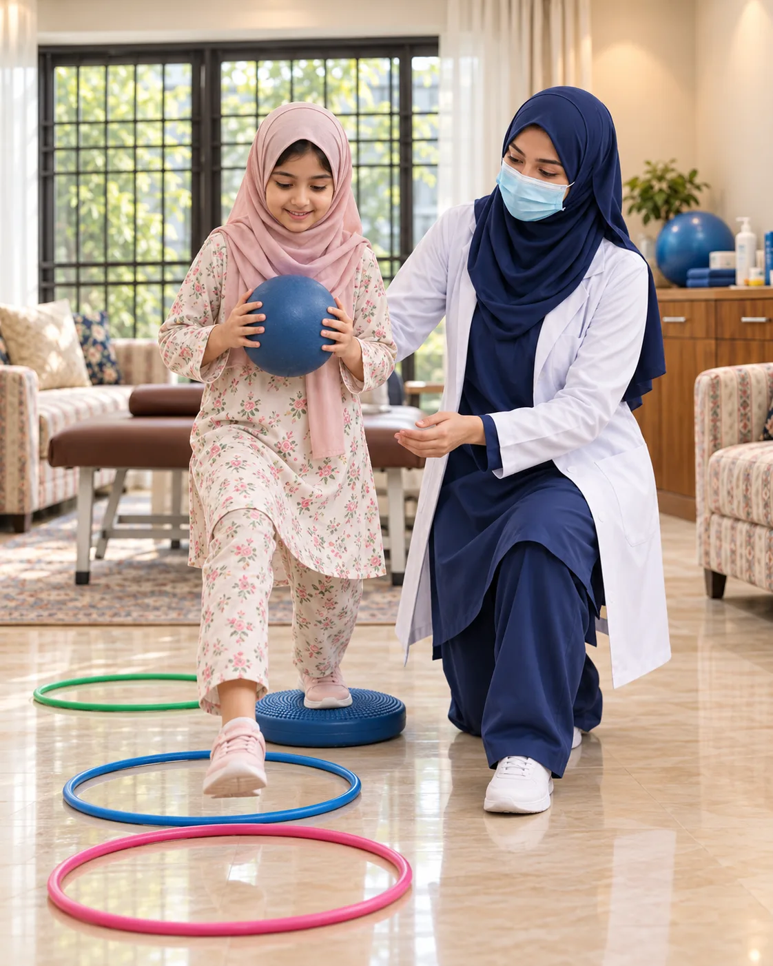 A child with a female physiotherapist during a play-based session, illustrating support for asthma: exercise confidence.