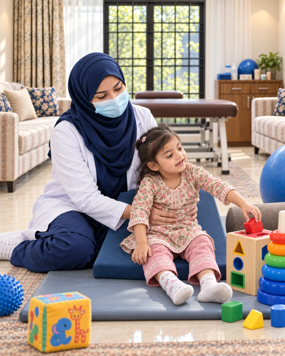 A child with a female physiotherapist during a play-based session, illustrating support for microcephaly: developmental support.
