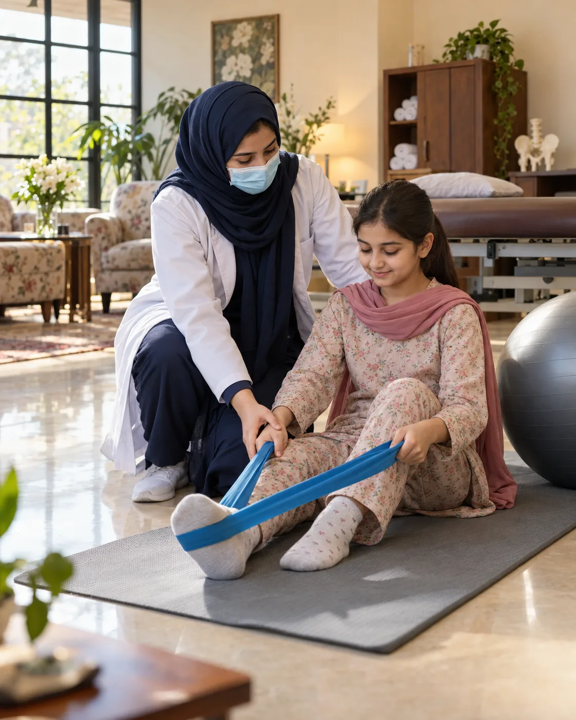A child with a female physiotherapist during a play-based session, illustrating support for avascular necrosis rehabilitation.