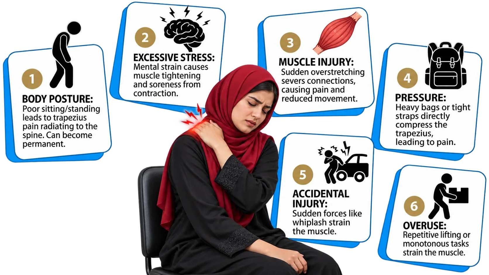 Illustration: a woman in a red hijab holding her neck and shoulder, surrounded by six causes of upper trapezius pain: body posture, excessive stress, muscle injury, pressure from heavy bags, accidental injury and overuse