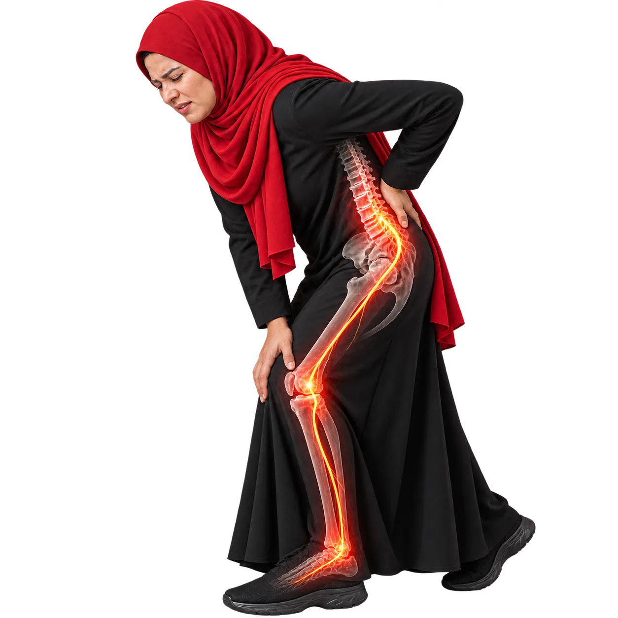A woman in a red hijab leaning forward on a trolley for relief while walking, her legs tired and heavy