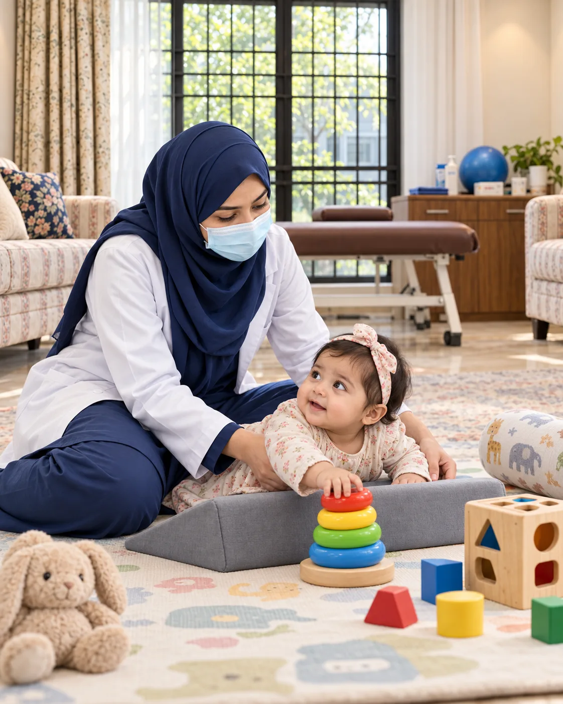 A child with a female physiotherapist during a play-based session, illustrating support for positional plagiocephaly.
