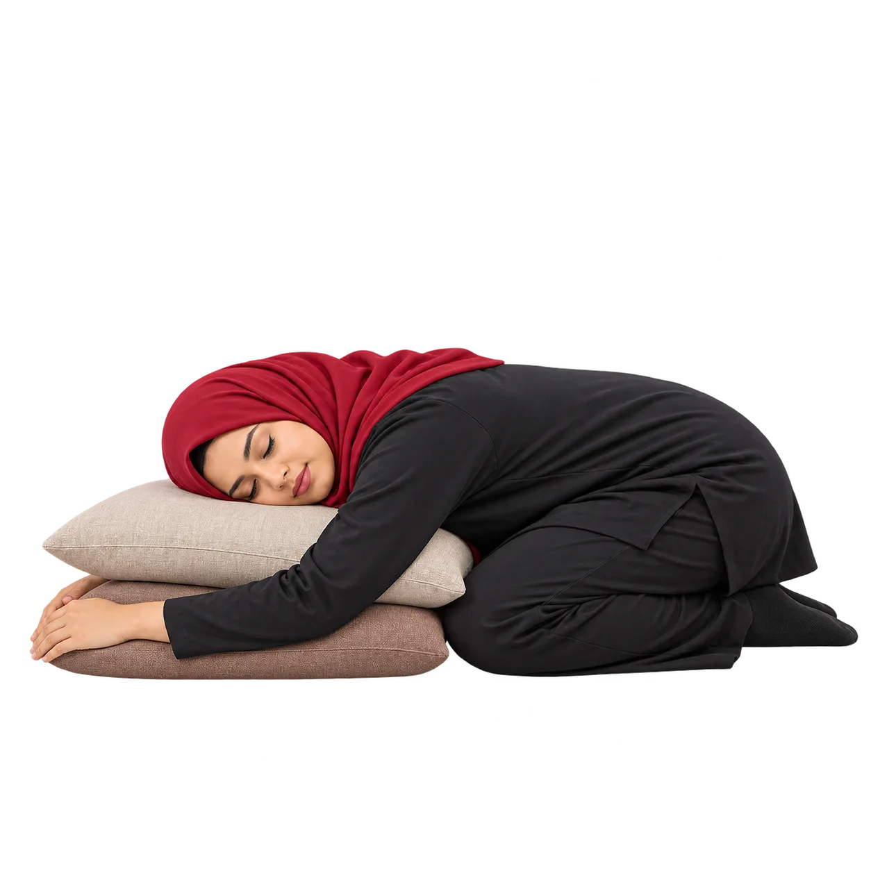 Illustrative image, not a real patient. A woman resting in a supported child's pose over two cushions, breathing slowly, a relaxing position for persistent pelvic pain.