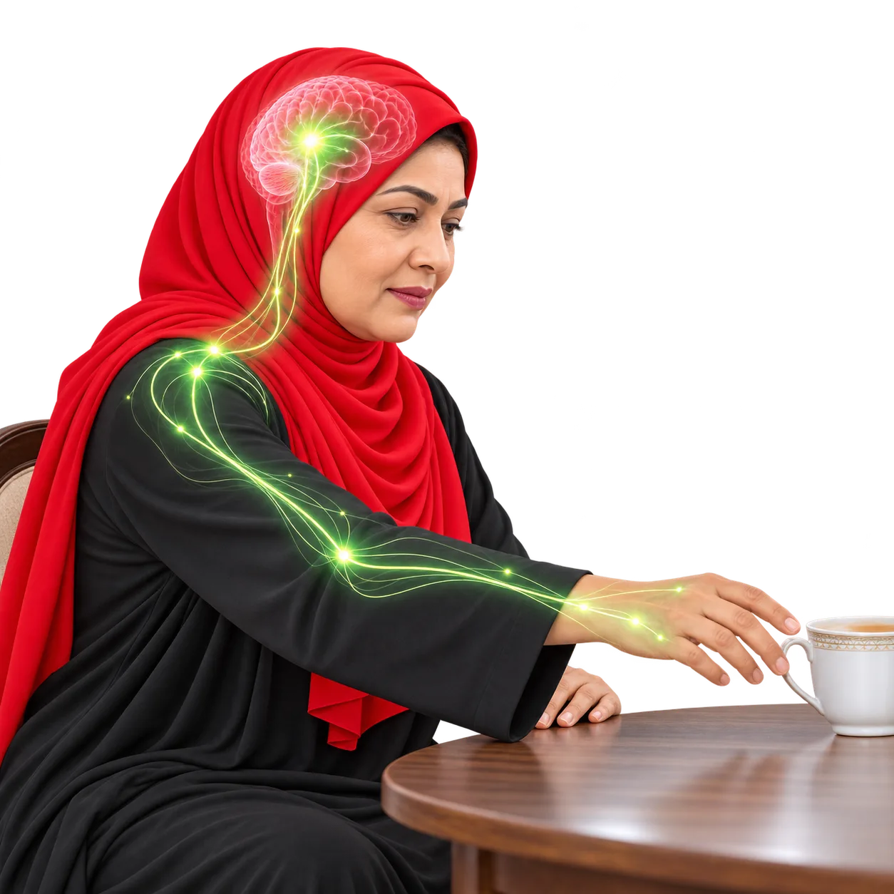 A woman in a red hijab reaches for a cup while glowing green pathways run from her brain down her arm