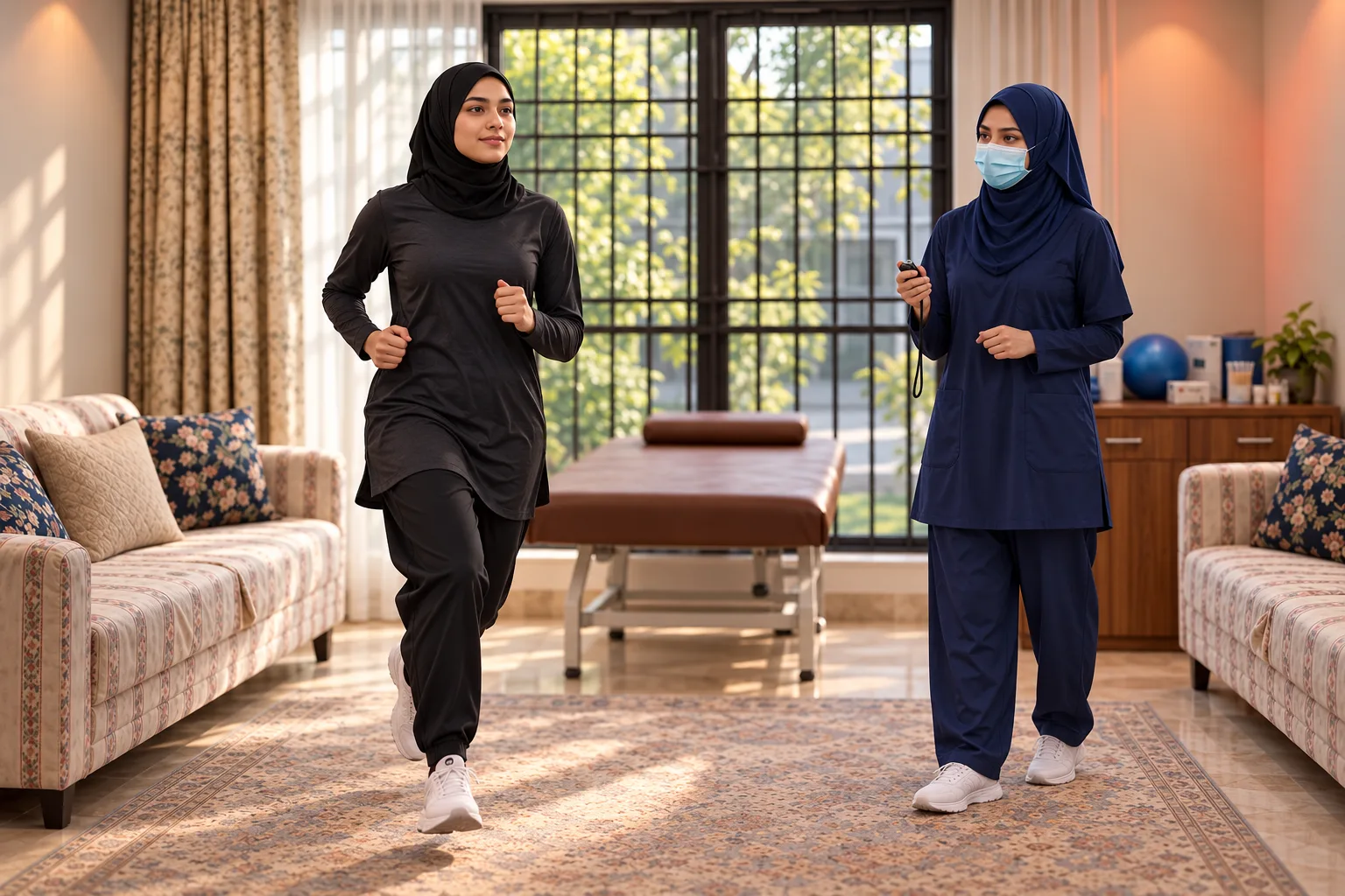 Illustrative image, not a real patient: a woman in a sports hijab jogging indoors as a female physiotherapist times her.