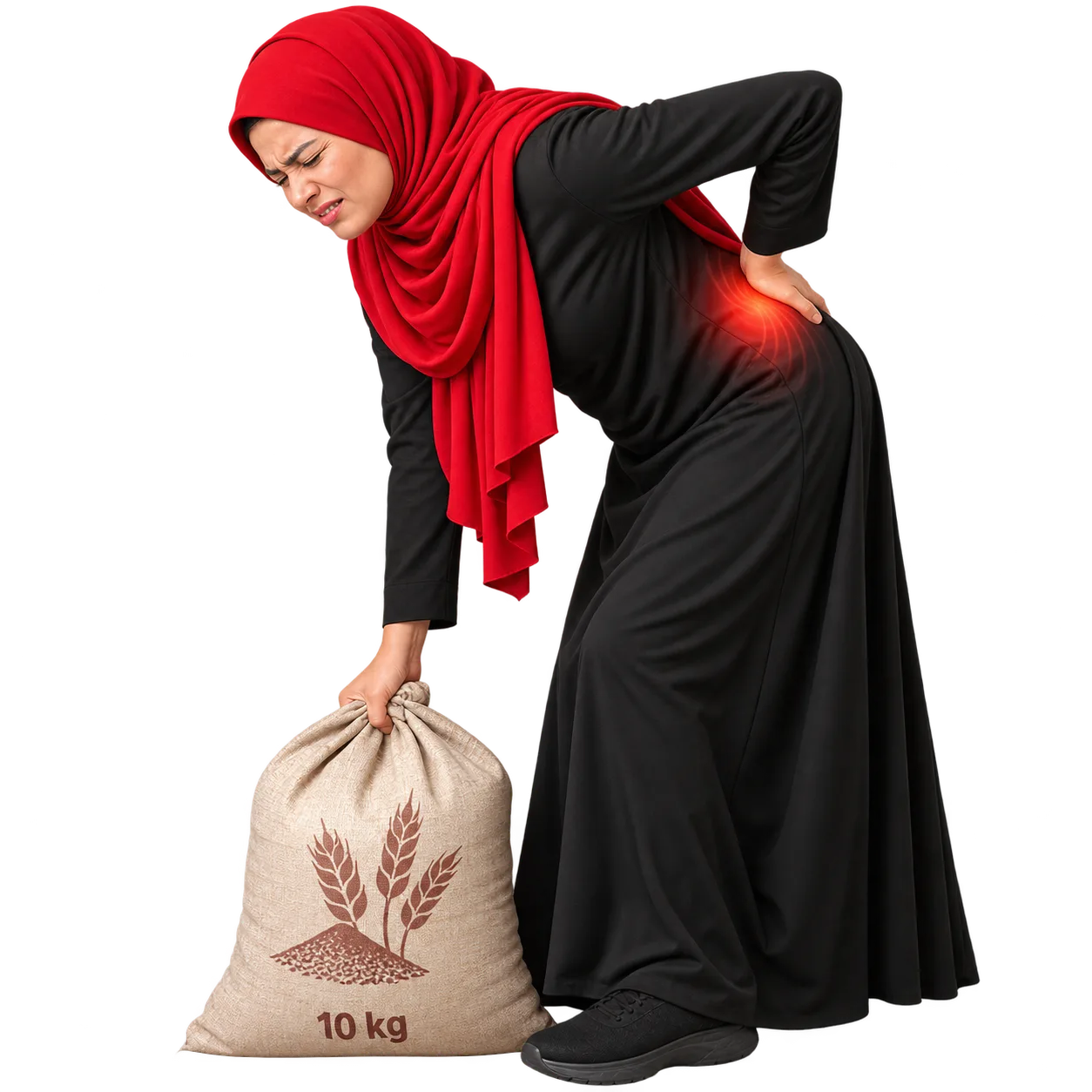 A woman in a red hijab bending with straight knees to lift a heavy sack, with her lower back strained