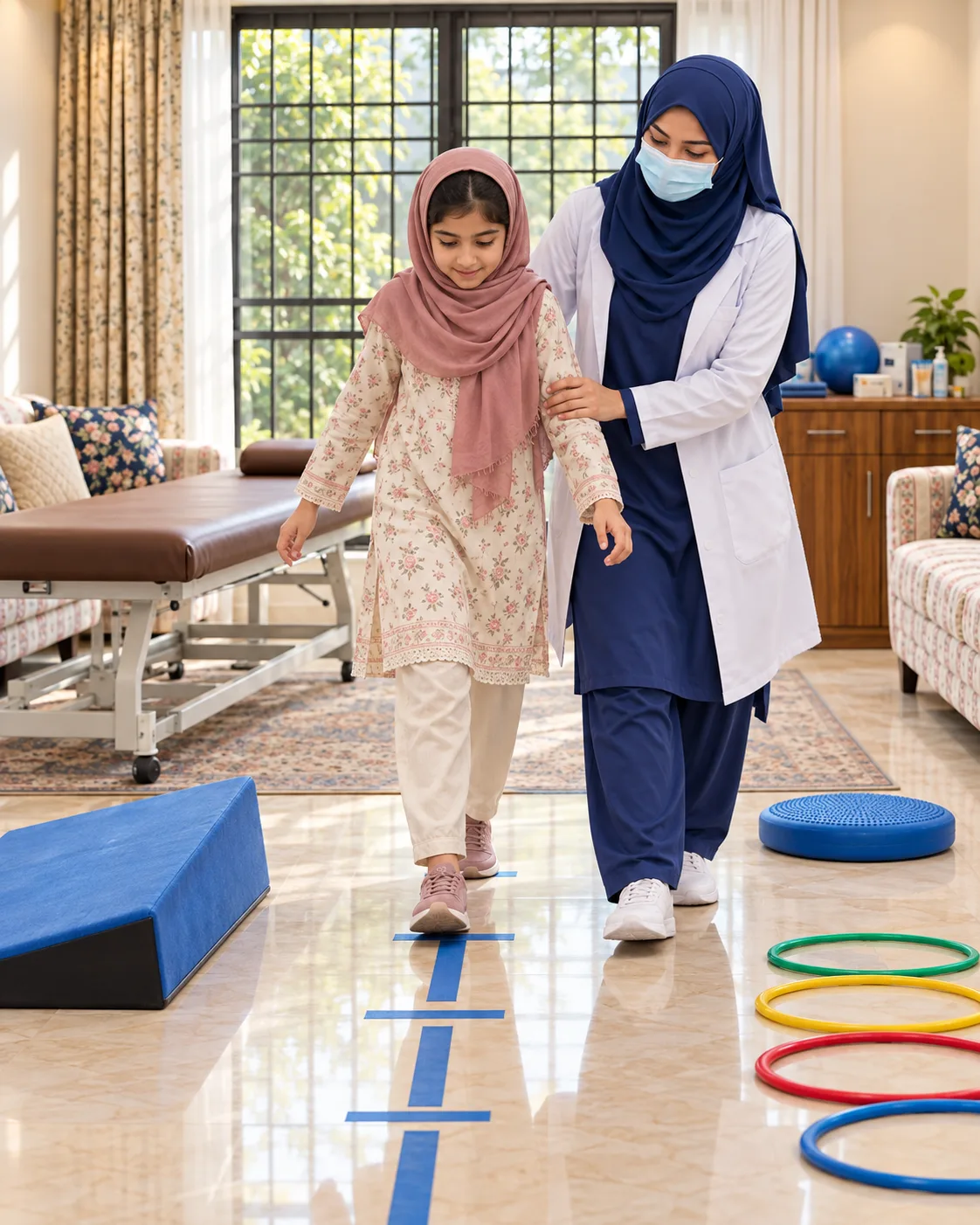 A child with a female physiotherapist during a play-based session, illustrating support for gait and walking difficulties.
