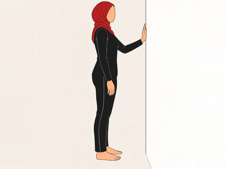 Woman in a red hijab standing holding a wall, rising slowly onto her toes in a calf raise.
