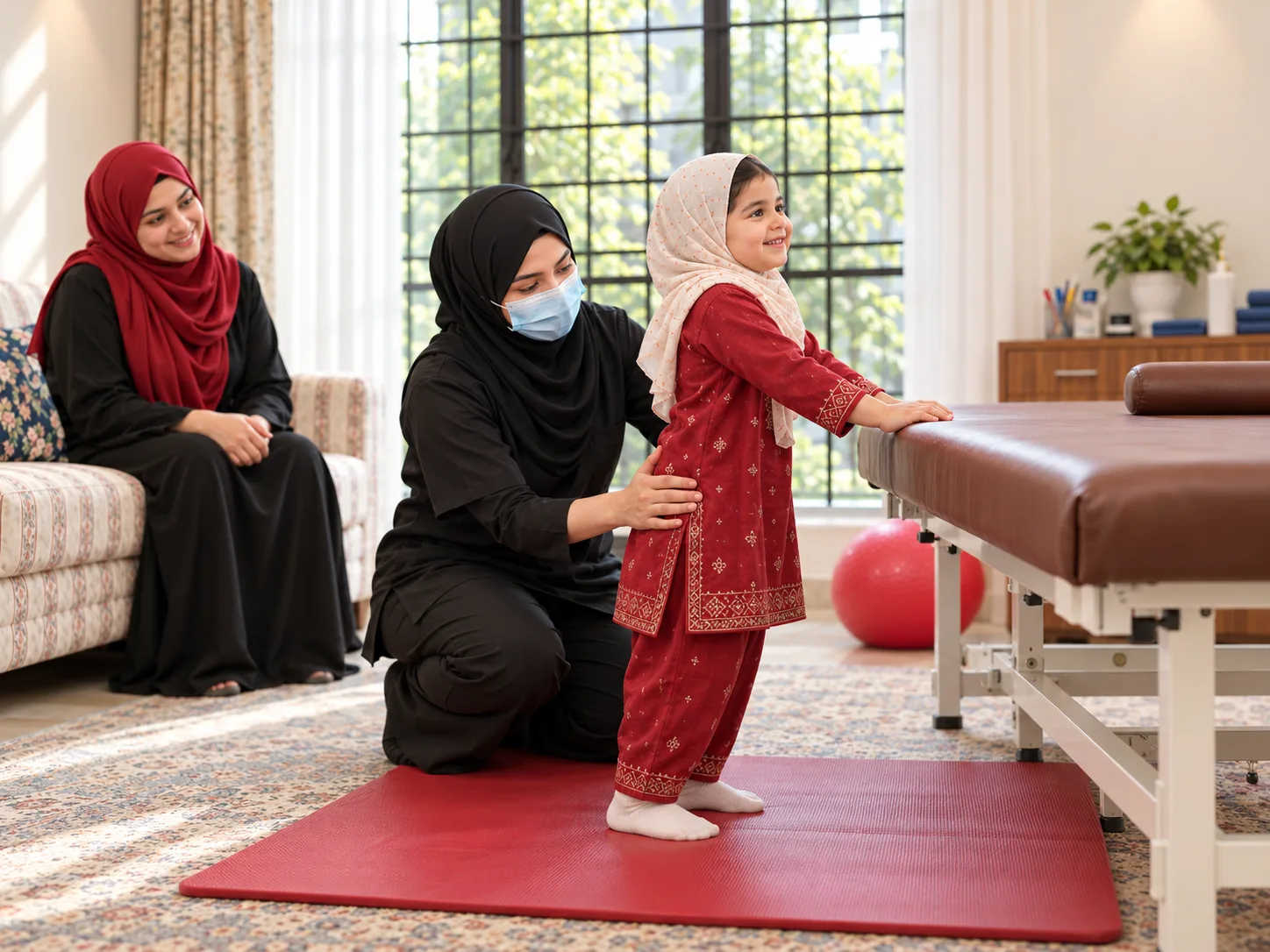 Illustrative image, not a real patient. A young girl stands holding the edge of a sturdy treatment table while a female physiotherapist kneels beside her, steadying her hips.