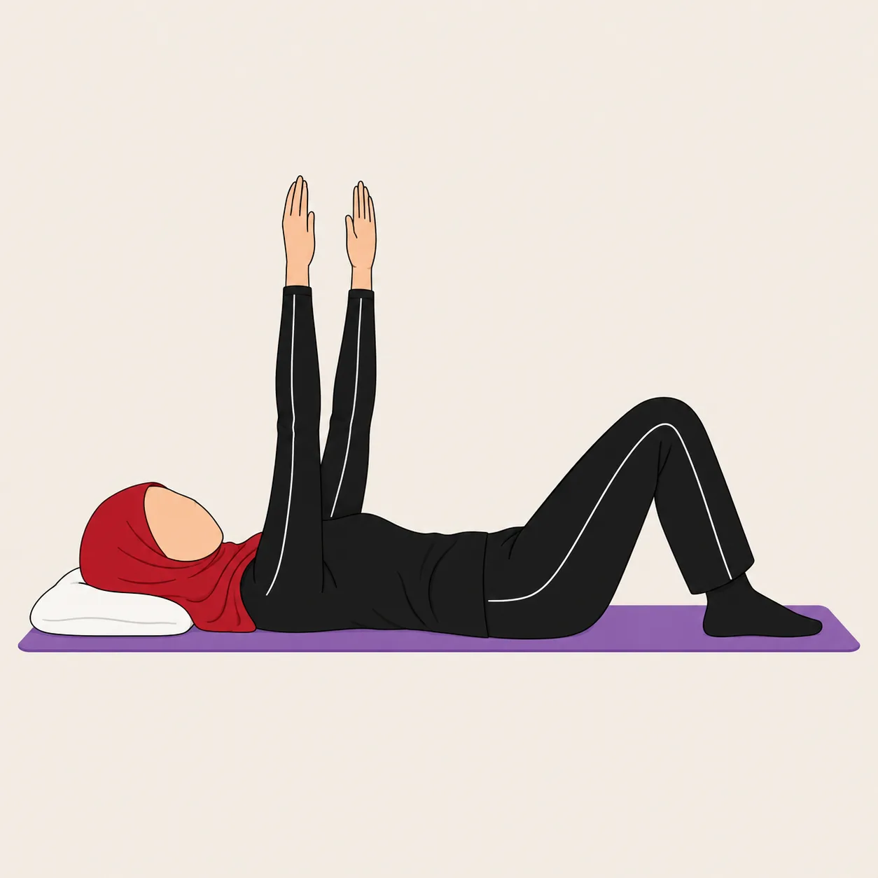 Woman in a red hijab lying on her back with knees bent, reaching one arm back over her head.