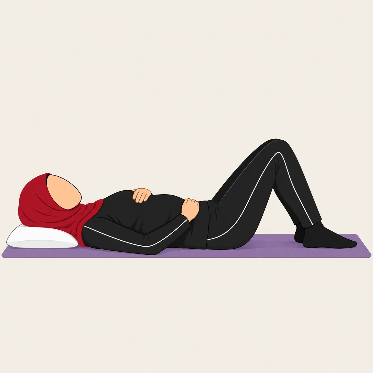 Woman in a red hijab lying on her back with knees bent, a hand on her lower tummy, breathing into her ribs.