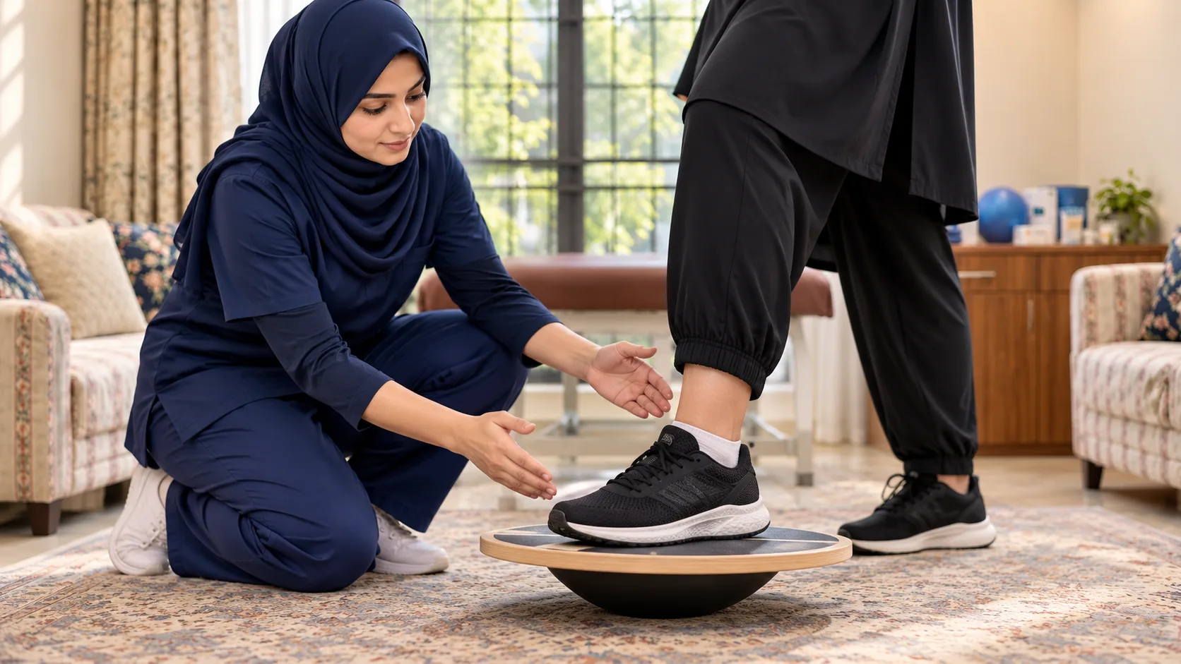 Illustrative image, not a real patient: a woman balancing on a wobble board as a female physiotherapist guards her ankle.