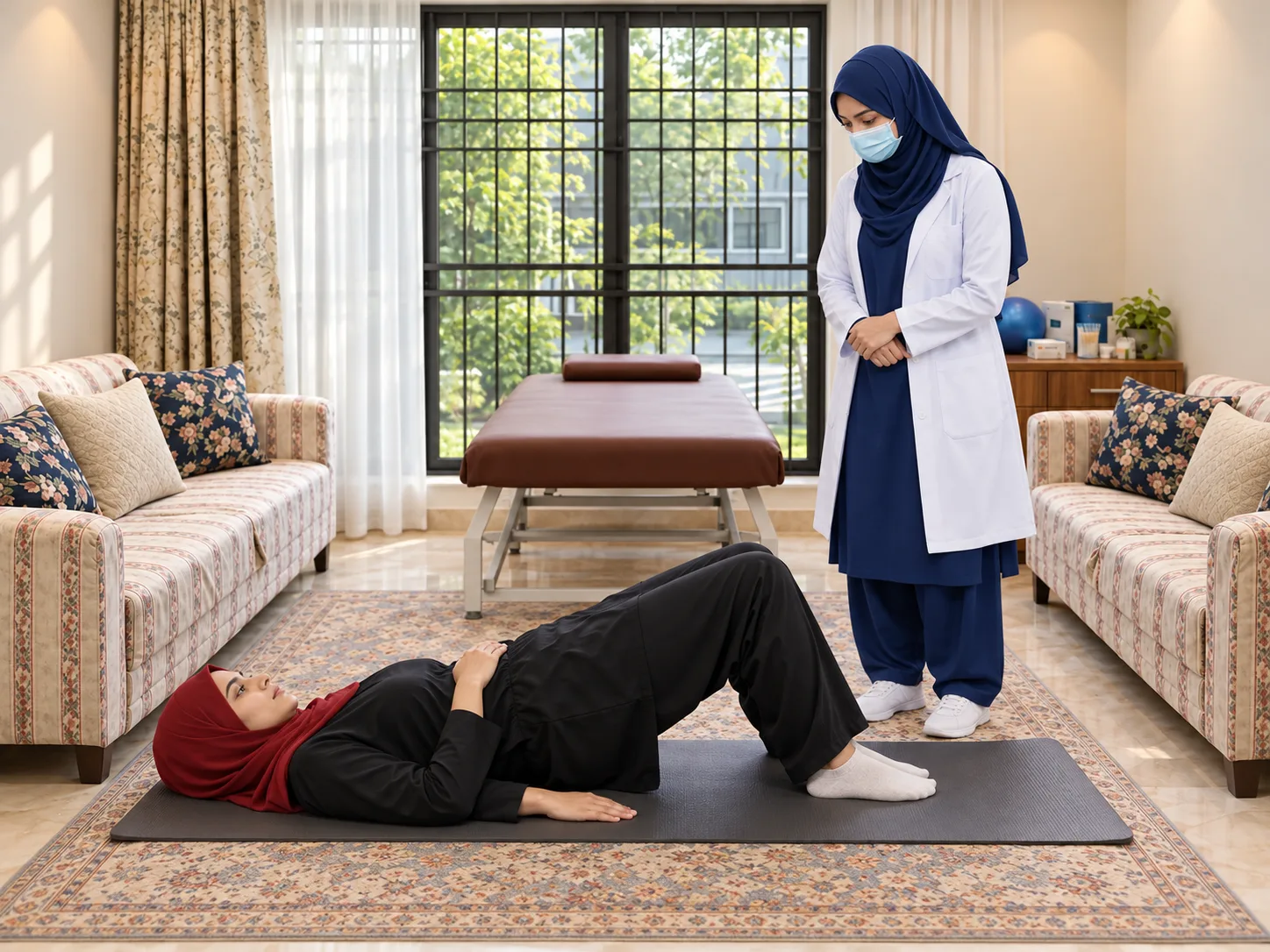 Illustrative image, not a real patient. A woman lies on a mat doing a low bridge while a female physiotherapist stands beside her and observes, a simple movement assessment.