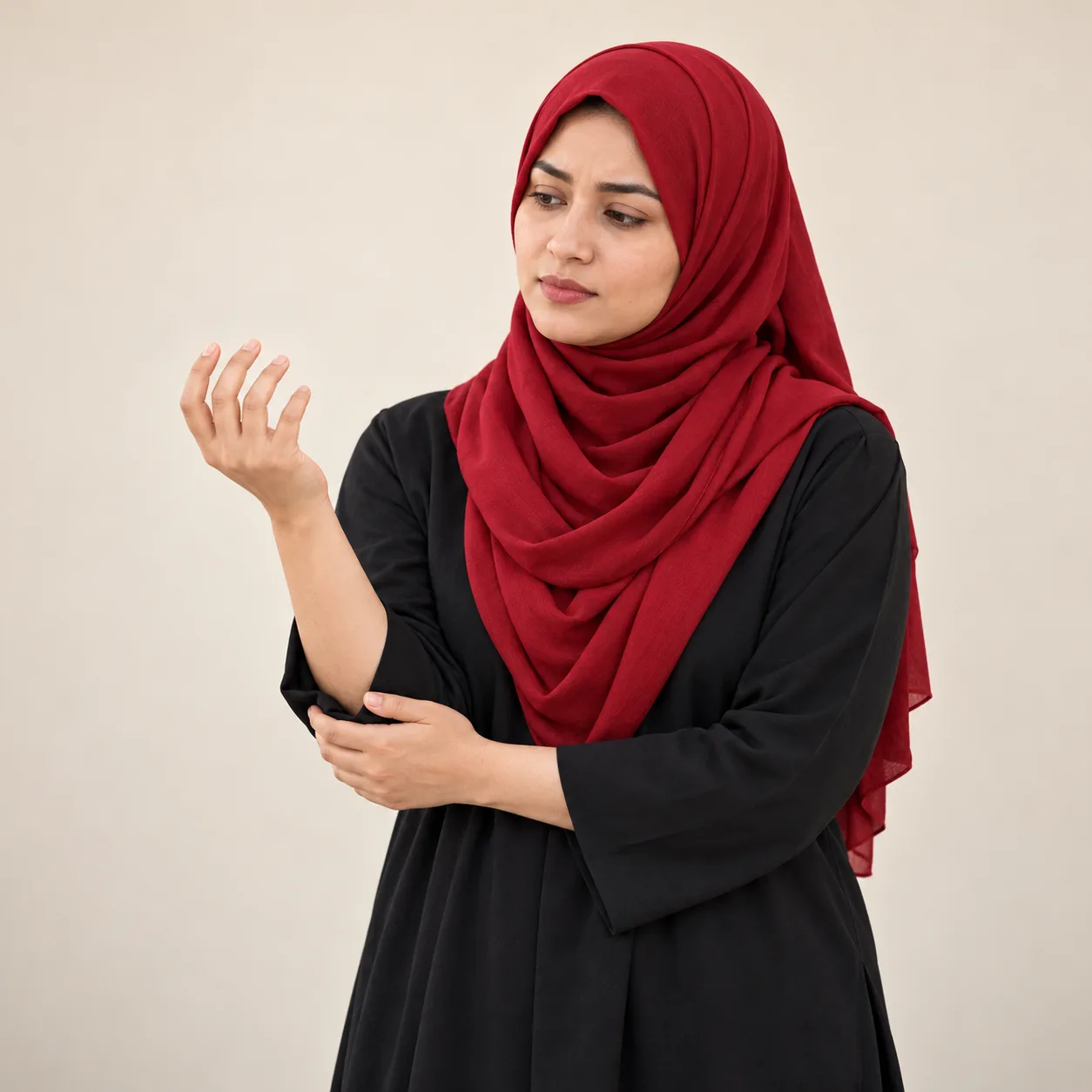 AI-generated Pakistani woman in a red hijab and loose black clothes, shaking out her tingling right hand while supporting her elbow.