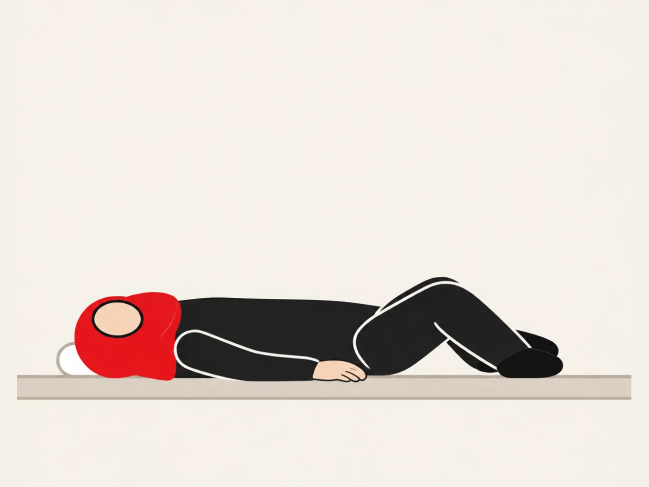 Woman in a red hijab lying on her back with bent knees rolled to one side.