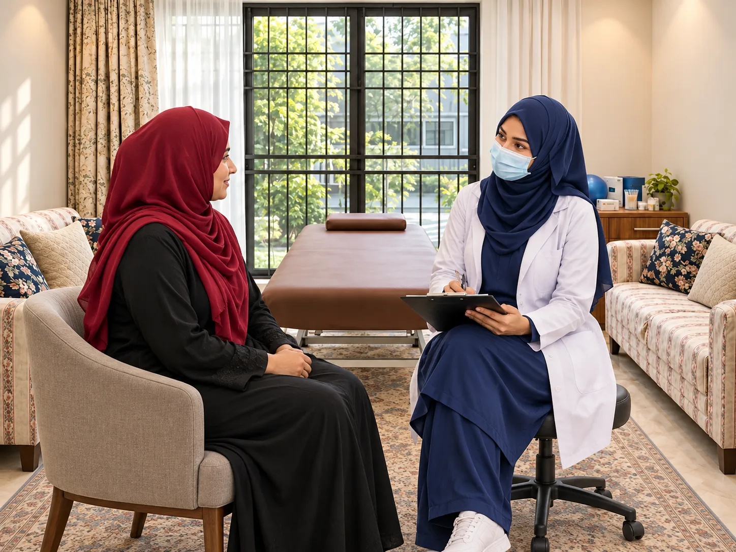 Illustrative image, not a real patient. A woman in a red hijab sits in a chair across from a female physiotherapist in a navy hijab and white coat, who holds a clipboard and listens, in a calm, private clinic room.