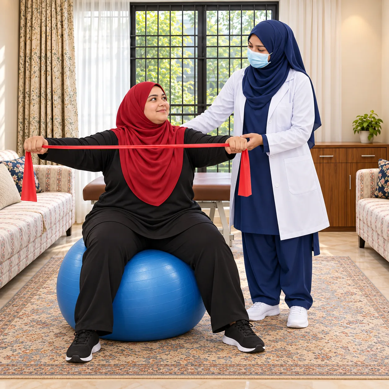 Illustrative resistance-band exercise on a gym ball with a plus-size woman in black clothing and a red hijab supervised by a masked female physiotherapist.