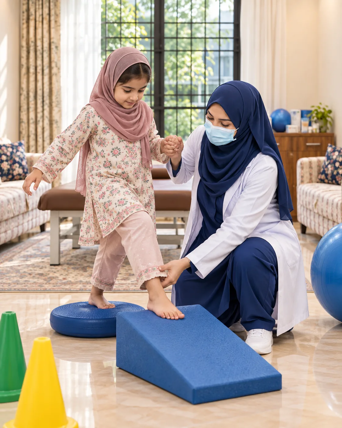 A child with a female physiotherapist during a play-based session, illustrating support for talipes / clubfoot rehabilitation.