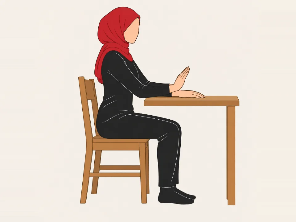 Woman in a red hijab with her forearm on a table, pressing the back of her hand up against her other hand.