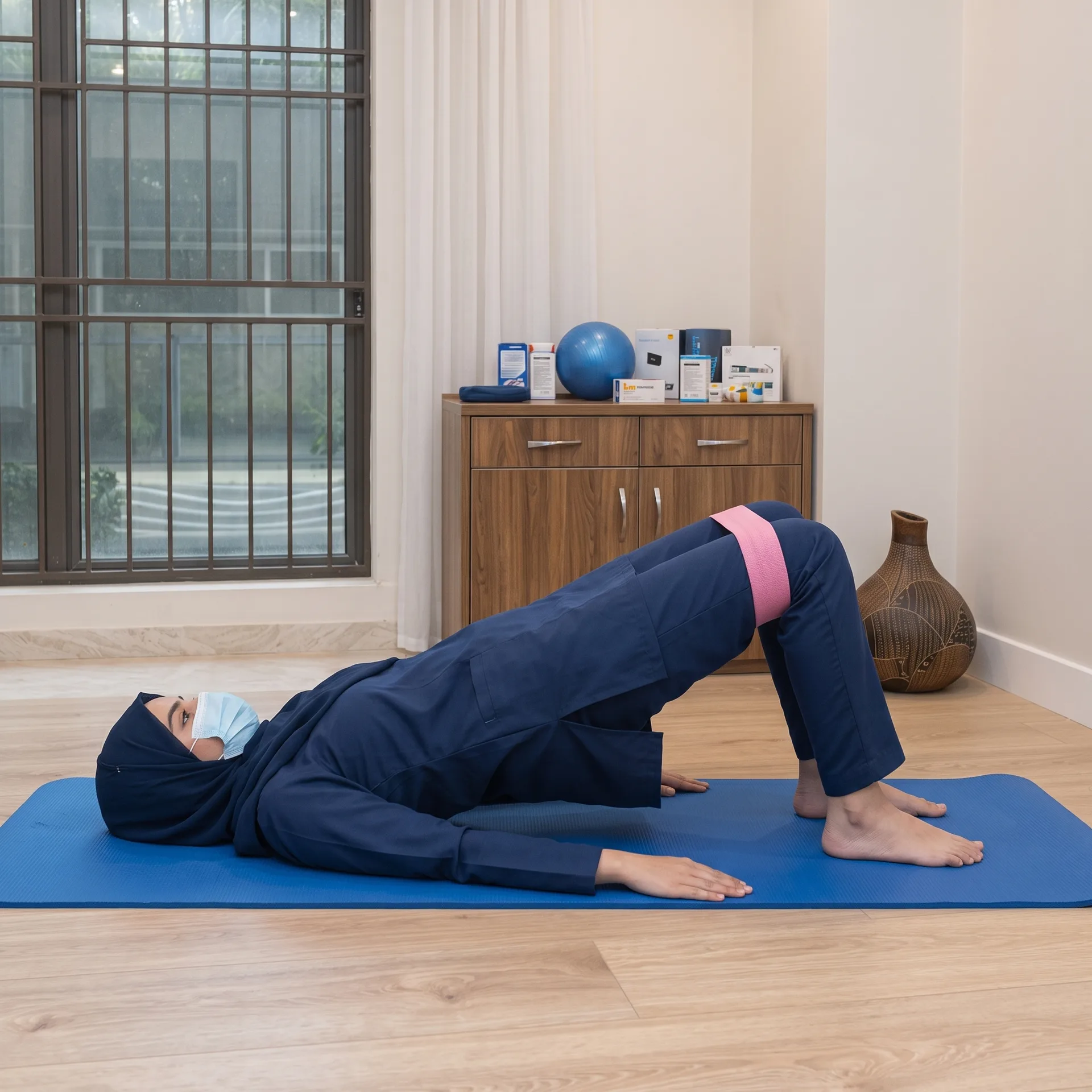 Woman using a resistance band around her thighs during a bridge exercise for hip pain