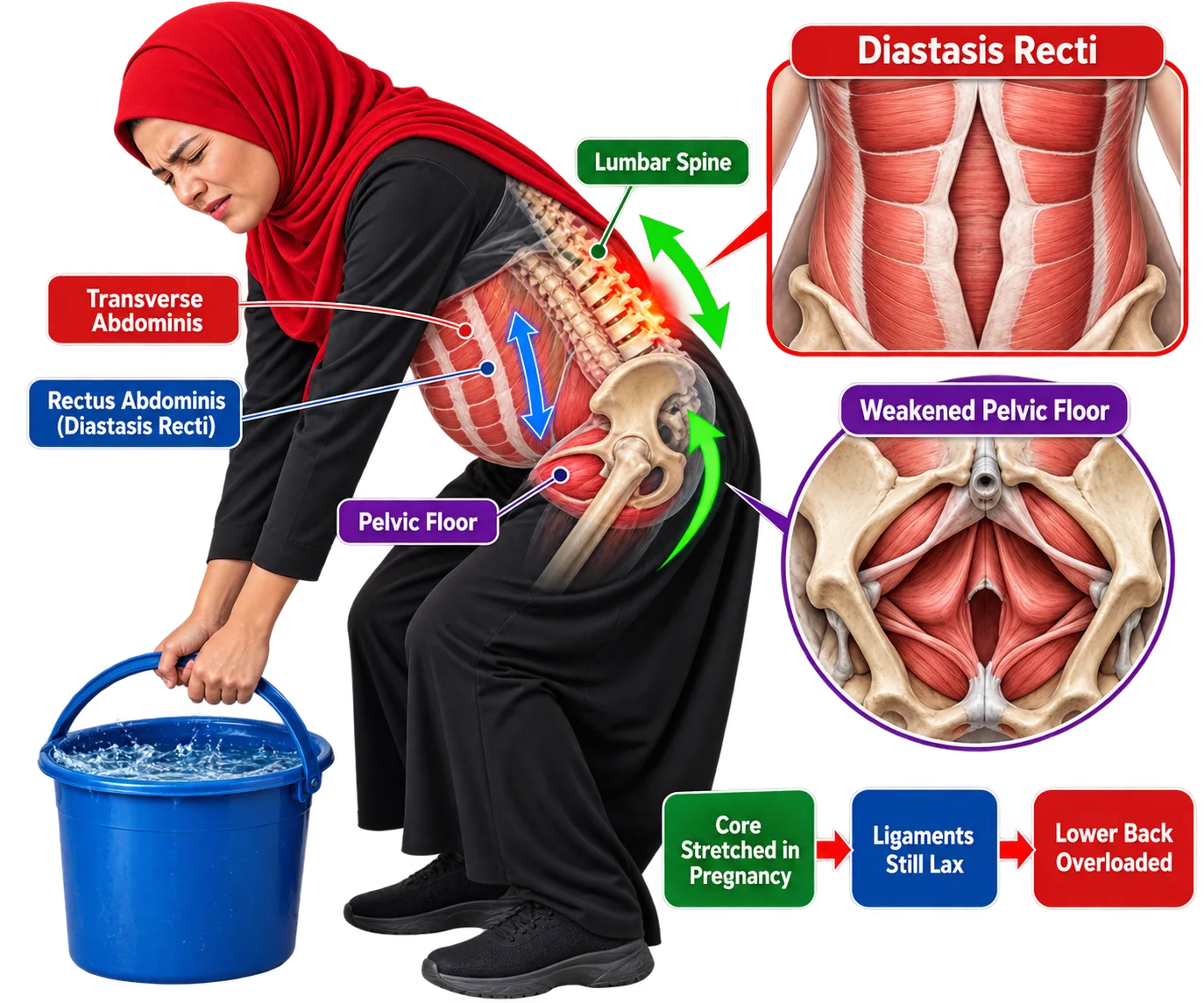 A woman in a red hijab on a mat in a bird-dog pose, with the weak deep core and back muscles highlighted