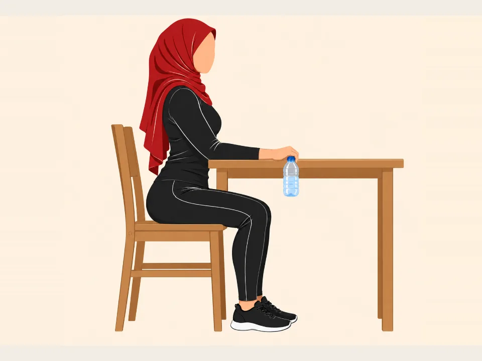 Woman in a red hijab with her forearm on a table, palm down, slowly lowering a water bottle at the wrist.